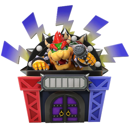 The entrance to Bowser Live. Bowser holds out a microphone above a purple double door.