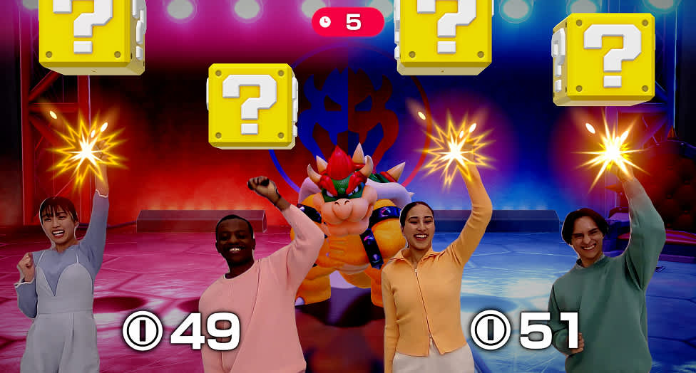 Four players appear in game. They punch upwards to hit ? Blocks and collect coins within a time limit. Bowser stands behind them.