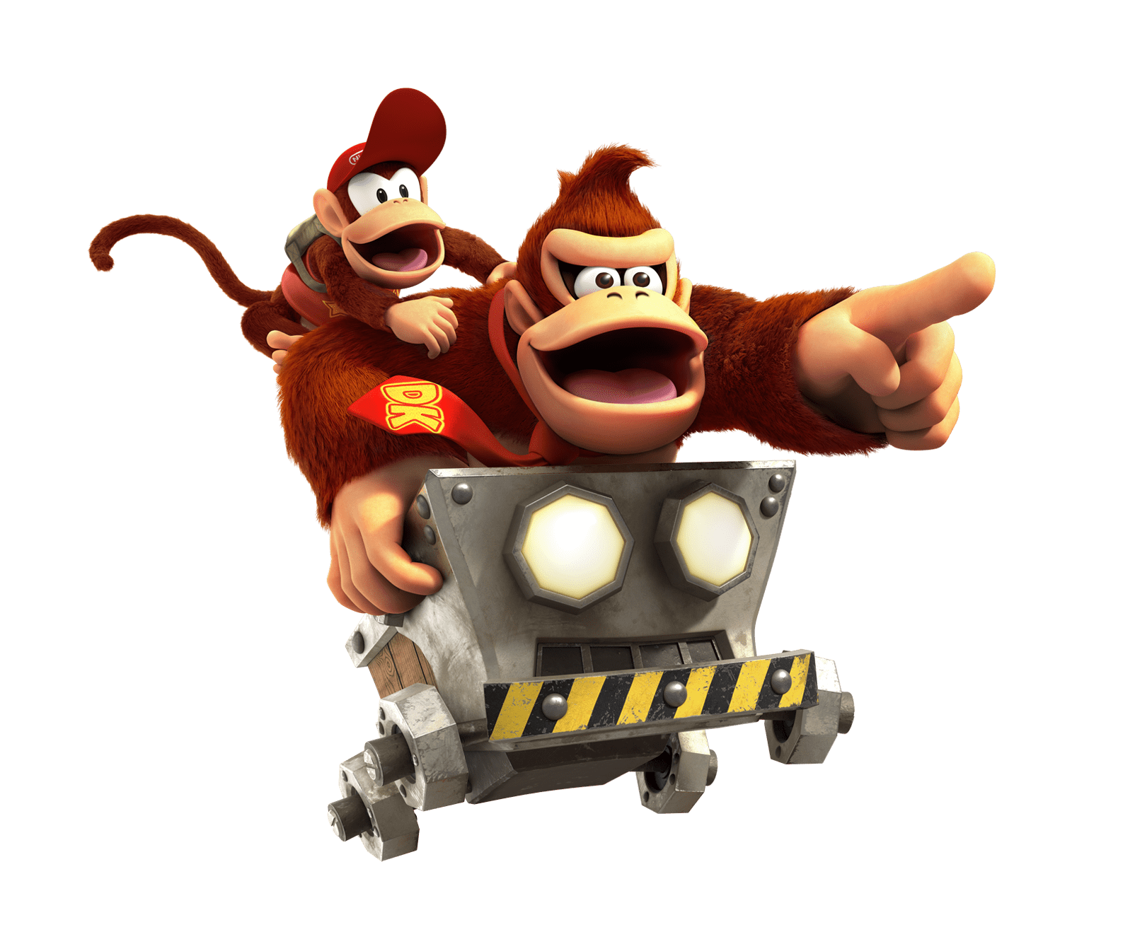 Donkey Kong rides in a mine cart with Diddy Kong on his shoulder.