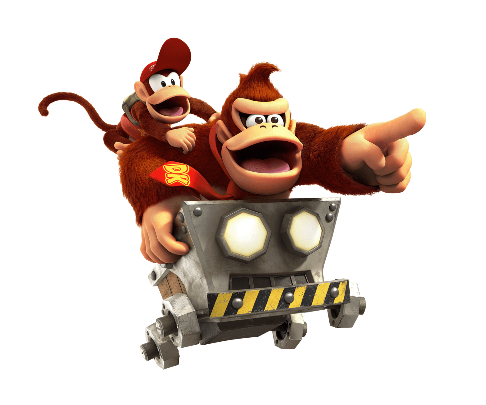 Donkey Kong se transporta en un carrito minero con Diddy Kong sobre sus hombros.	