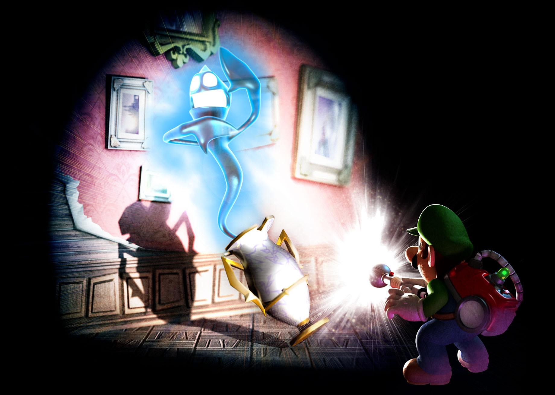 Luigi flashes the Strobulb at a blue ghost in a decorative vase. The ghost is startled by the light.