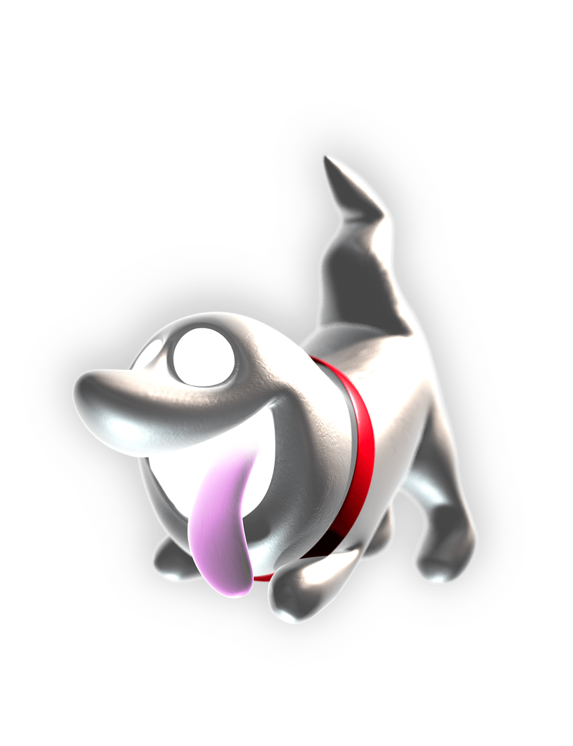 Polterpup’s kind eyes and smile emit a white glow. The ghost doggy has a big red collar.