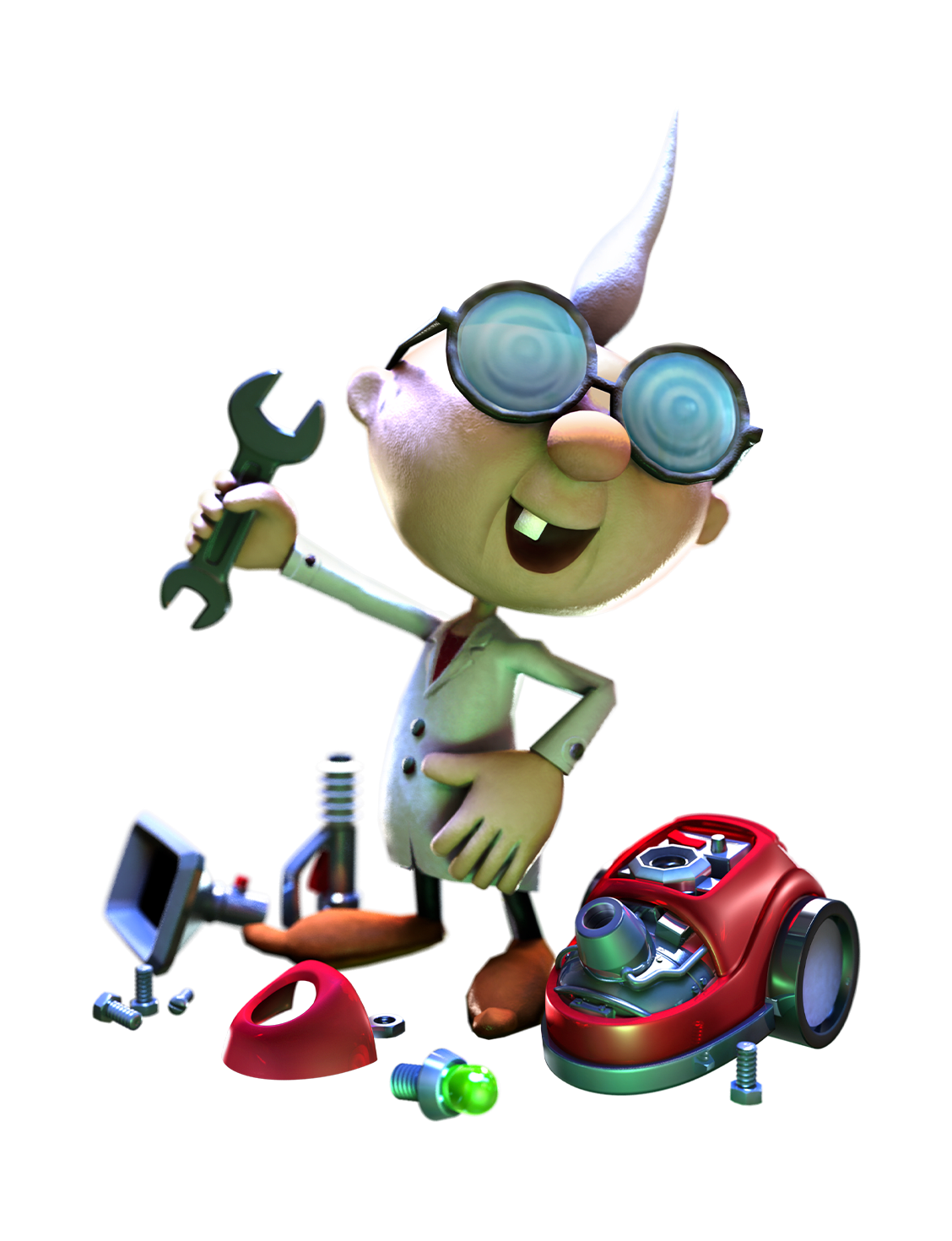 Professor E. Gadd is a short man with a white lab coat, a tuft of white hair that sticks straight up, and hypnotic-looking glasses. He is tinkering with parts of the Poltergust 5000.