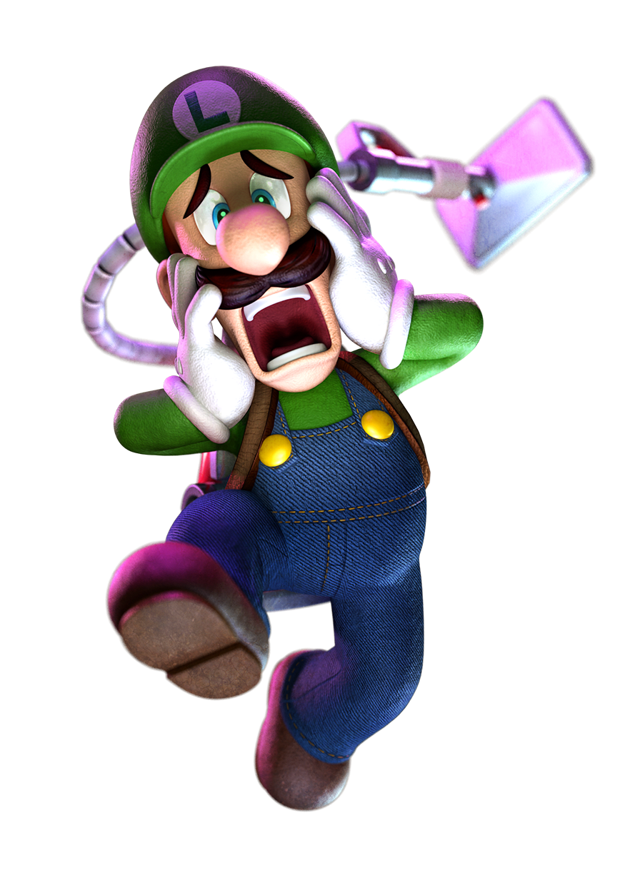 Luigi has a terrified expression as he puts his hands to the sides of his face.