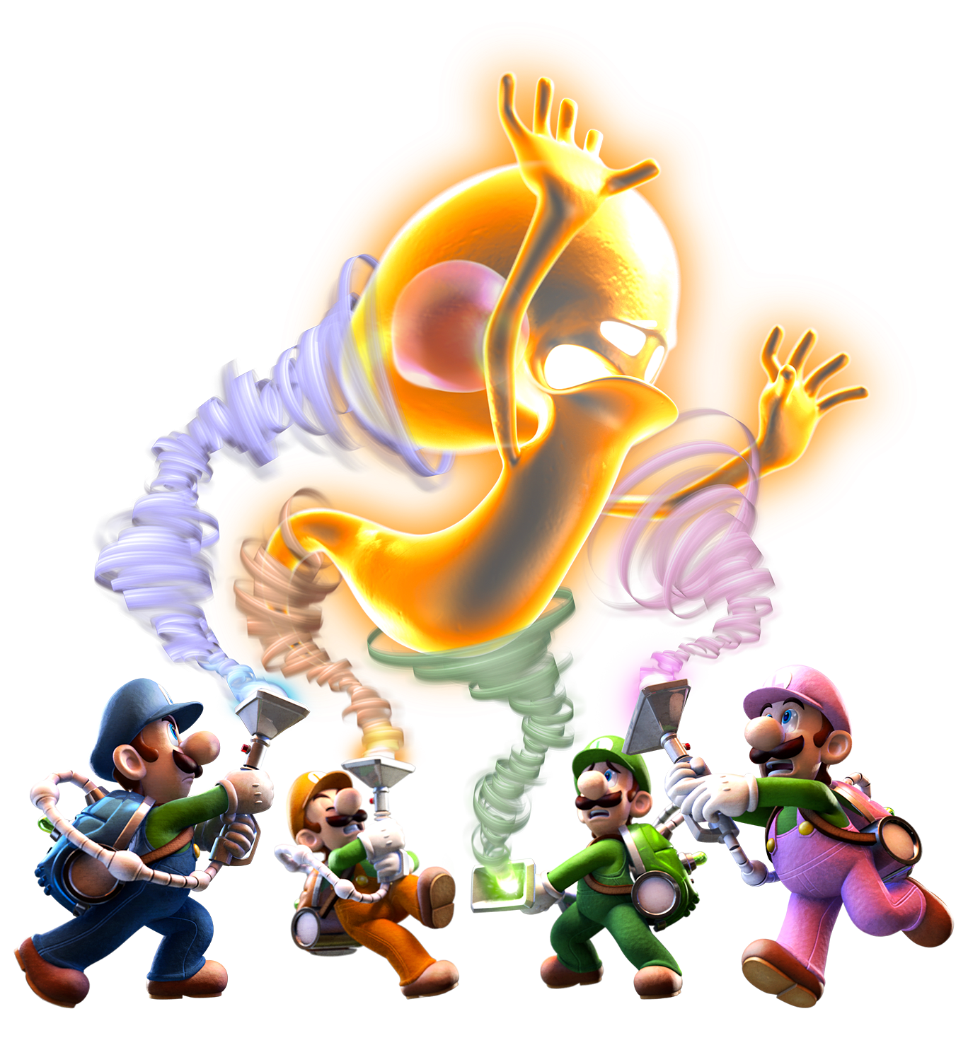 Four Luigis work together to suck up a big yellow ghost. Each Luigi has a green shirt with a different color overall and matching hat. One is blue, one is orange, one is green, and one is pink.