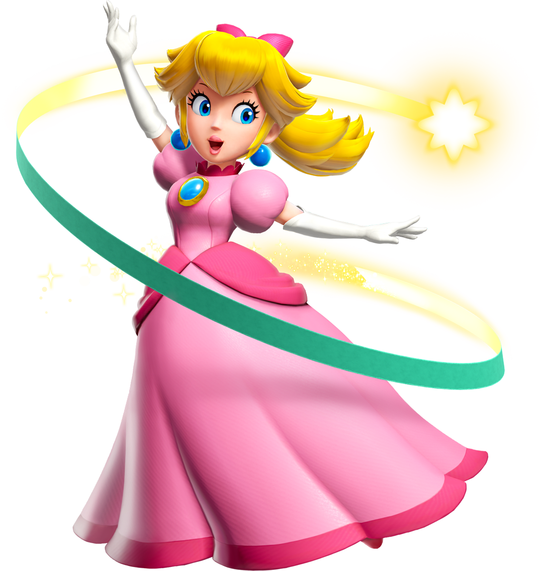 Peach poses in her pink dress. A glowing ribbon spirals around her, preparing for a transformation.