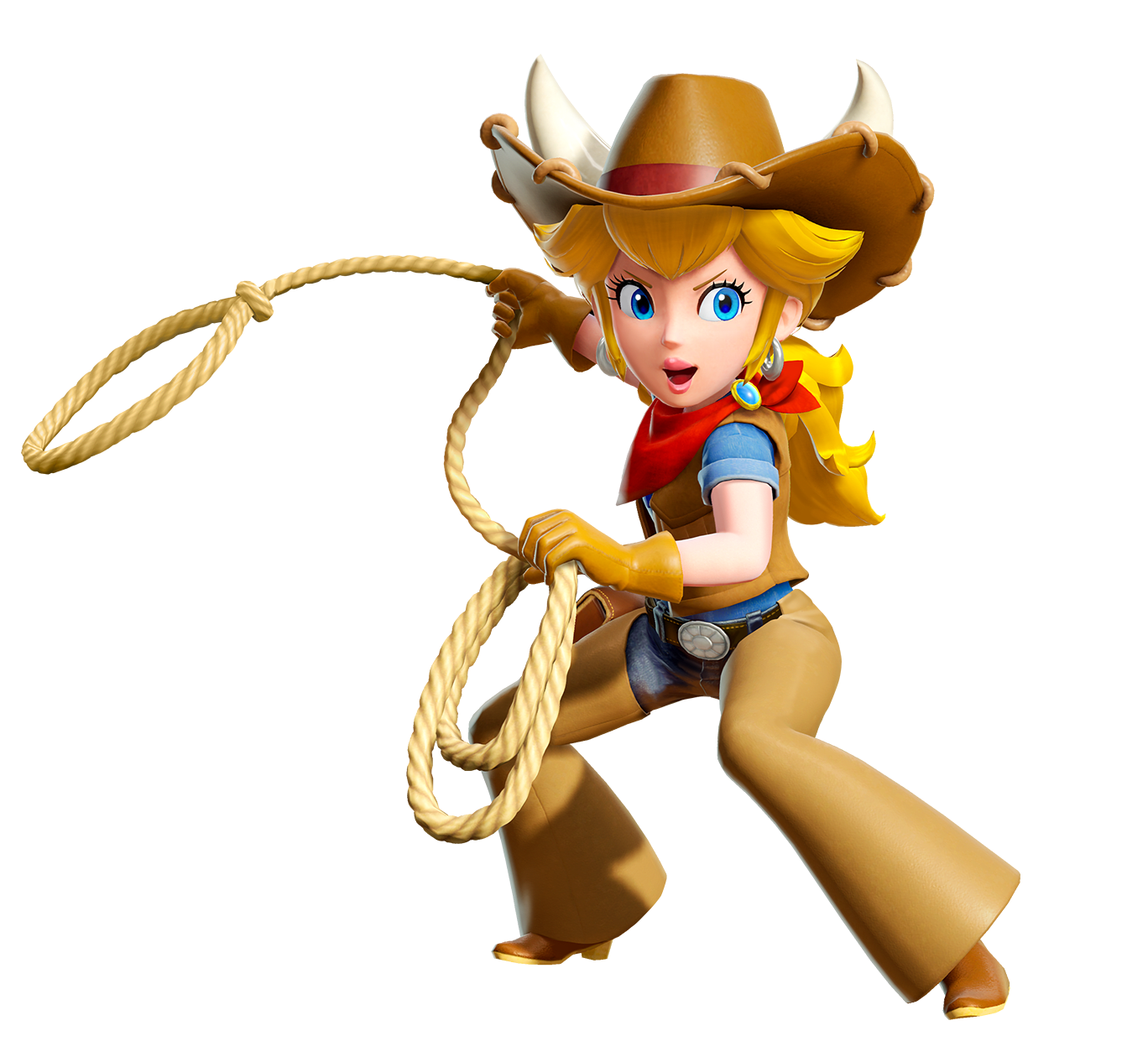 Peach stands at the ready, twirling a lasso. She wears riding chaps, a red neckerchief, and a cowgirl hat decorated with bull horns.