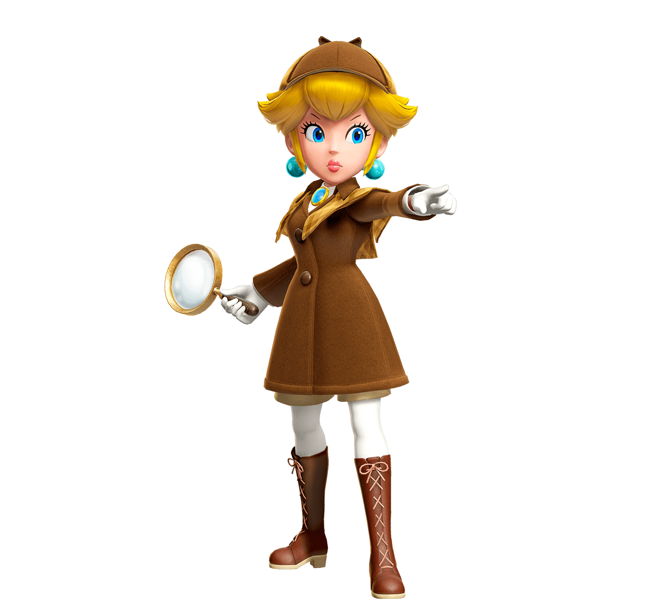 Peach points assertively and brandishes a magnifying glass in her left hand. She wears a brown coat and a deerstalker hat.