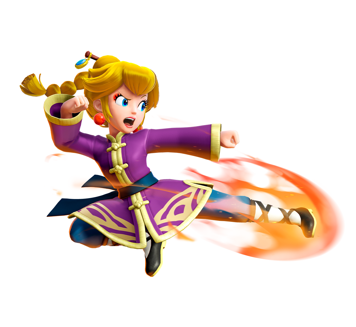 Looking fierce, Peach flies through the air as she kicks out with a flaming foot. She wears a purple Kung Fu uniform.