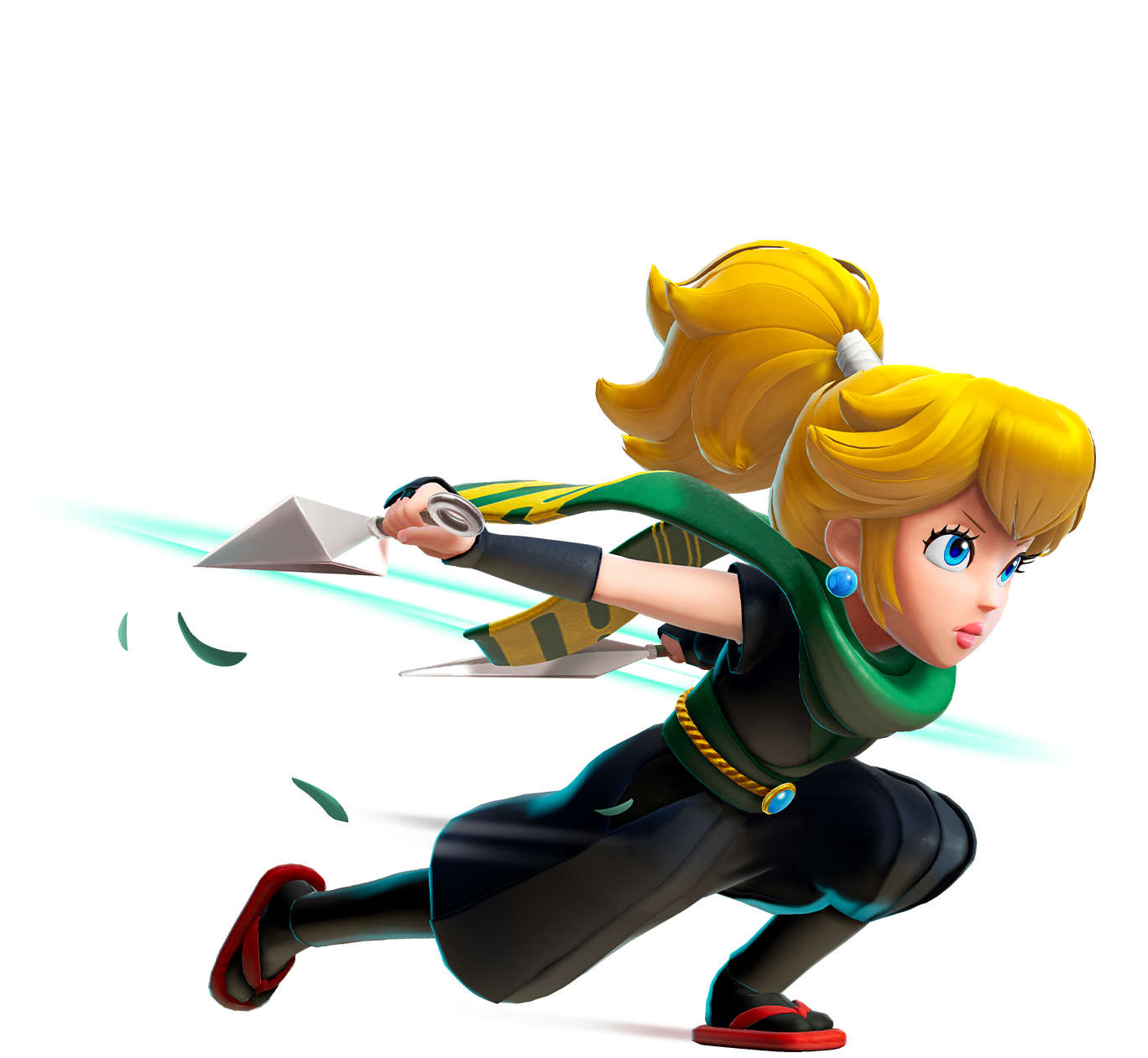 Peach dashes forward, wielding two kunai and dressed in a stealthy black outfit. A long green scarf flutters behind her as she runs.