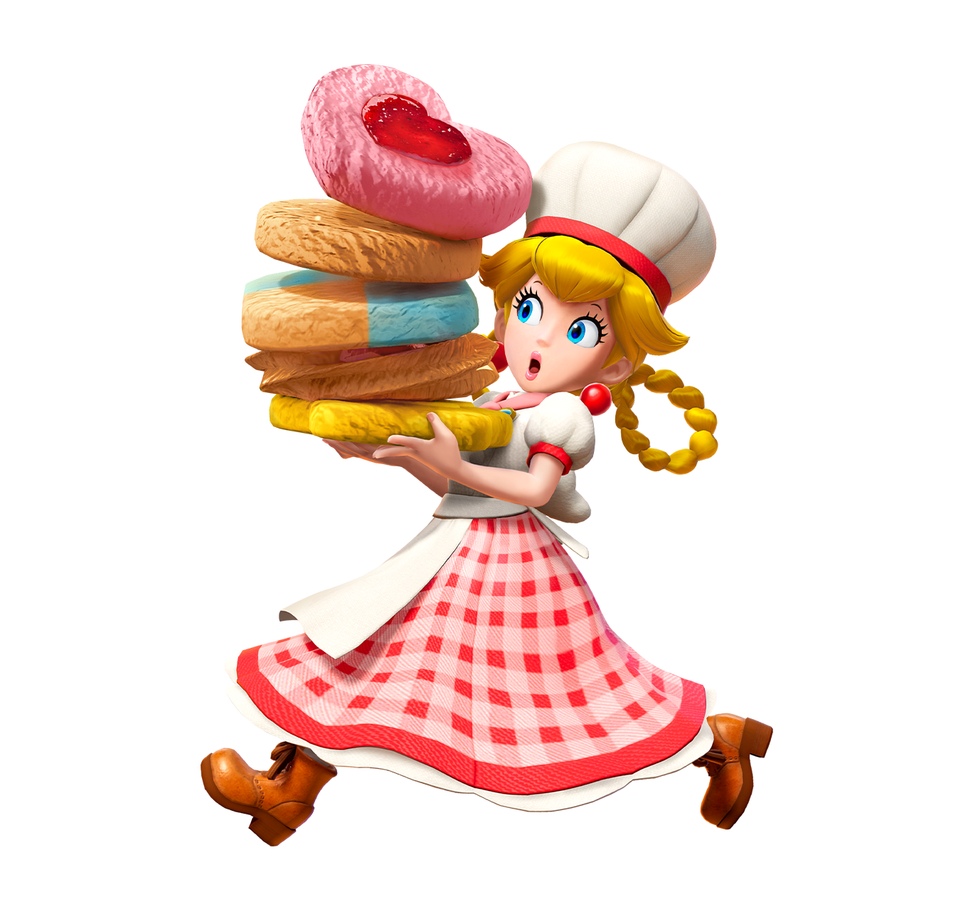 Peach, wearing a checkered red dress and a baker's hat, carries a stack of scrumptious cookies that are threatening to topple over.