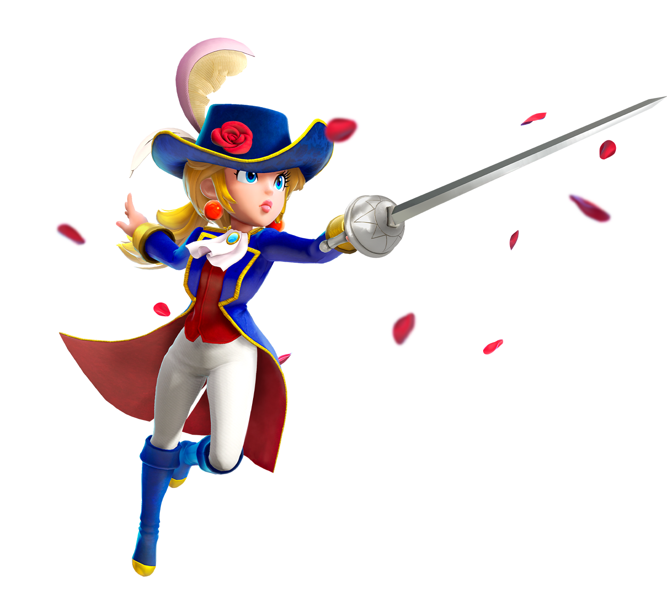 Rose petals flurry around Peach, who dons a stylish blue coat and a cavalier hat with a poofy feather. She lunges forward with her sword.