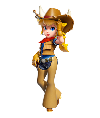 Cowgirl Peach rests a hand at her hip and flicks the brim of her horned hat.