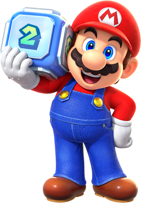 Mario holds a large Dice Block on his shoulder.