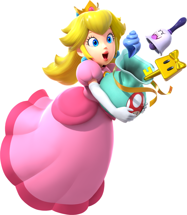 Princess Peach runs as she holds a bag of items. A shell, a key, and a Boo Bell spill out of the bag.