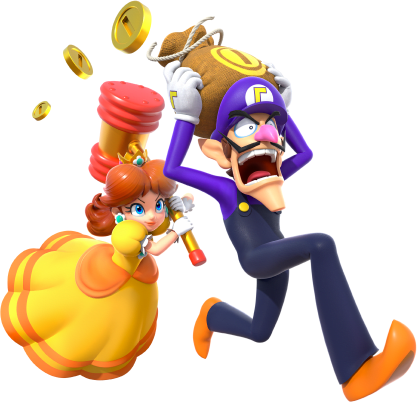 Princess Daisy chases Waluigi with a hammer.