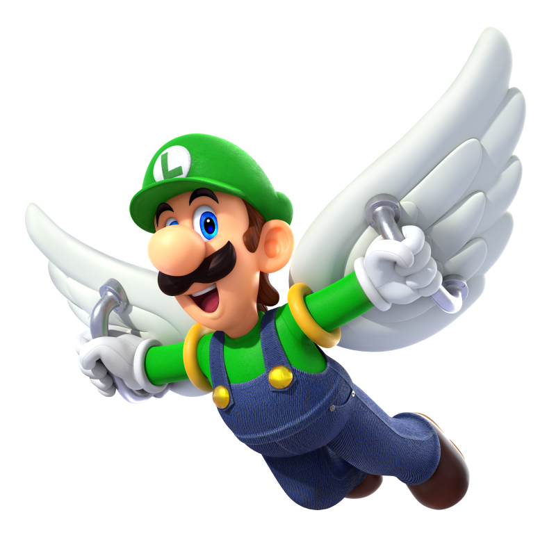 Luigi soars majestically with a pair of large wings attached to his arms that resemble the wings of a Koopa Paratroopa.