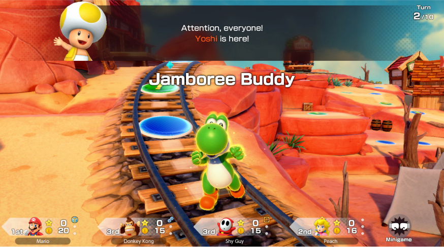 Yoshi arrives as a Jamboree Buddy with a yellow sheen around it.