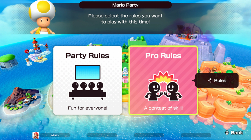 Before you begin your game, you can choose between Party Rules and Pro Rules from a menu.