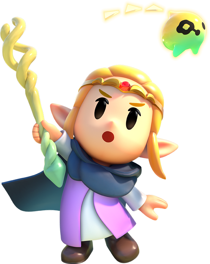 Princess Zelda holds the Tri Rod alongside her new companion, Tri. 