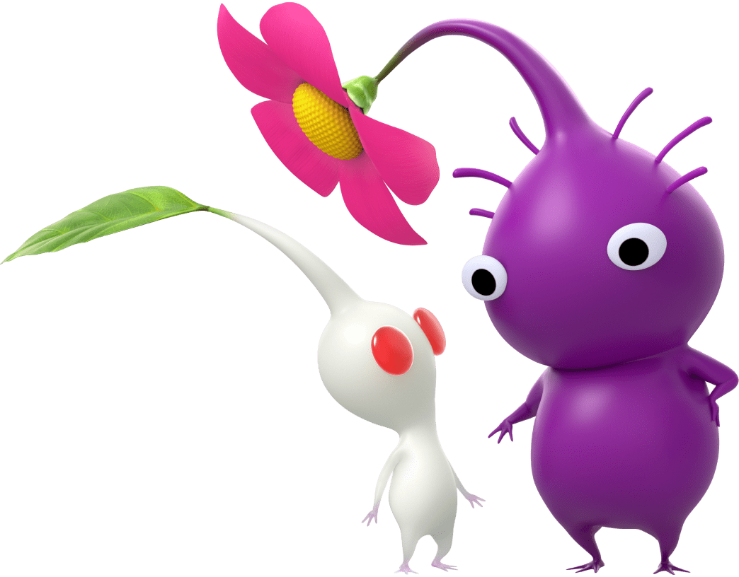 Um Pikmin branco menor olha para um Pikmin roxo maior.