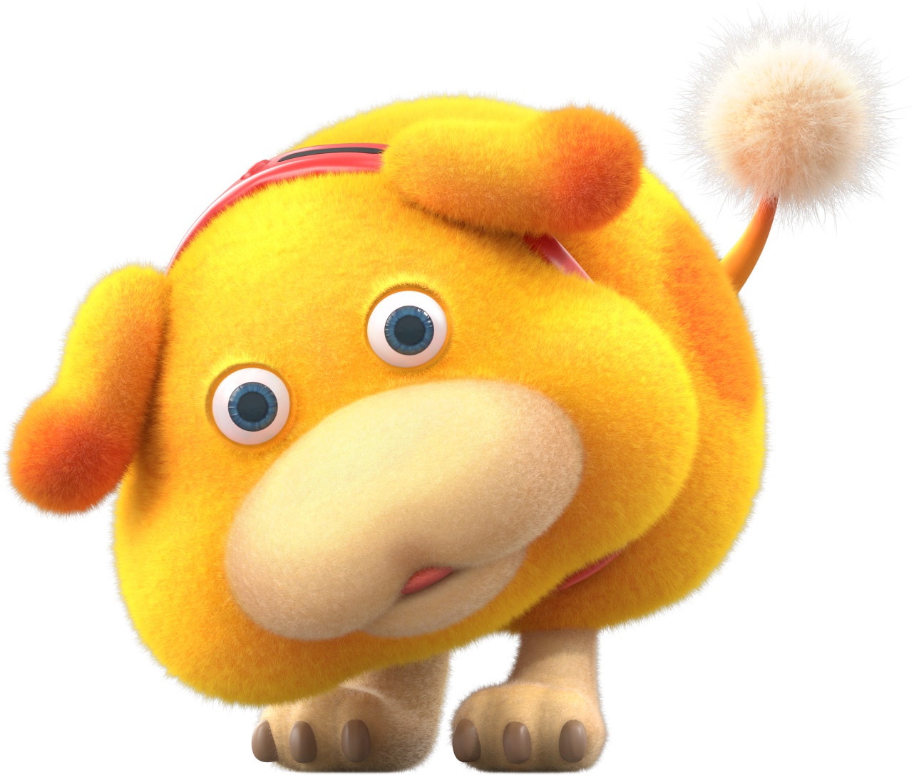 Ochin es un perro de rescate dorado con machas naranjas y grandes ojos azules. Su raza se distingue por un hocico sin nariz visible, solo dos patas y una cola con una linda bola de pelos al final. 
