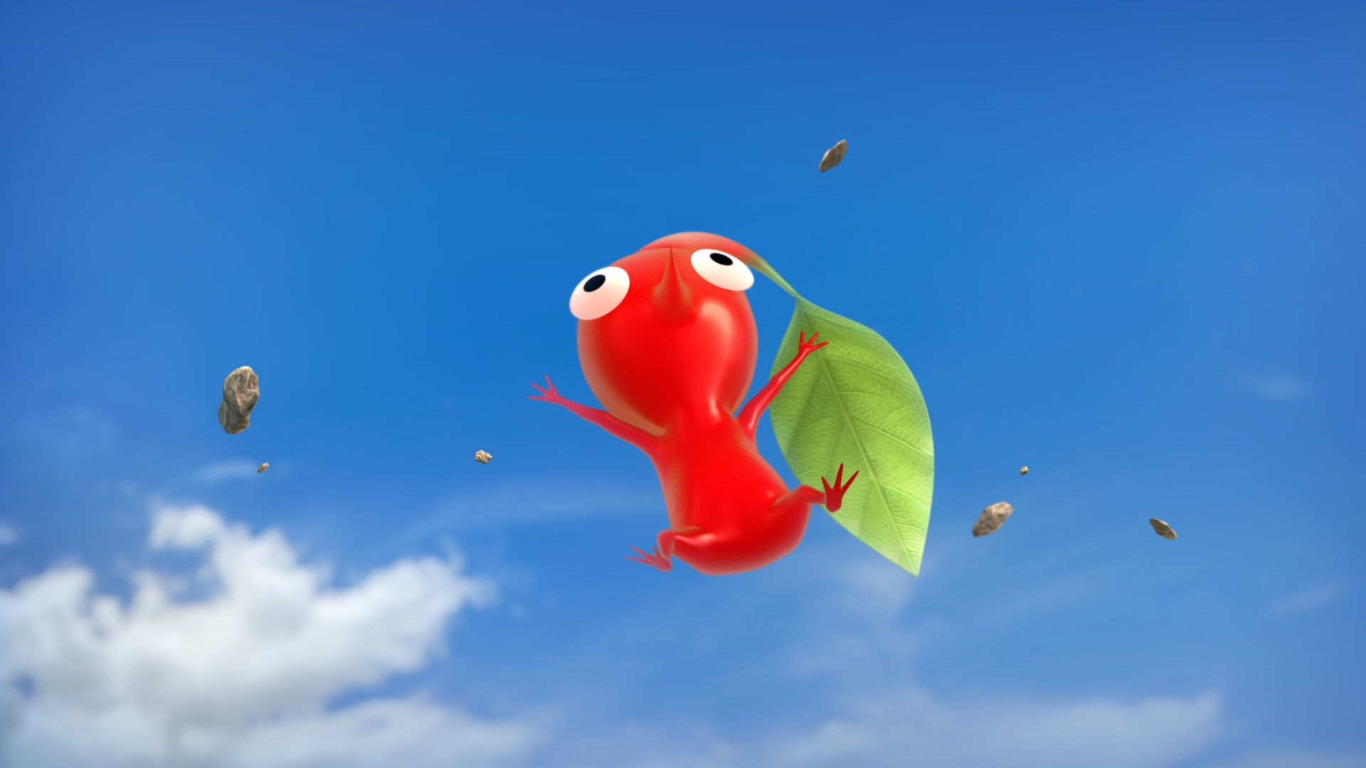 Esta imagen de uno de los cortometrajes de Pikmin muestra a un Pikmin rojo que fue lanzado por los aires.