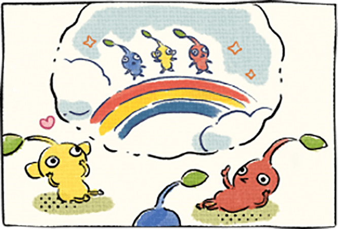 Este quadro de uma das histórias em quadrinhos ilustradas à mão mostra três Pikmin pensando sobre como seria andar em um arco-íris que combinaria com suas cores.