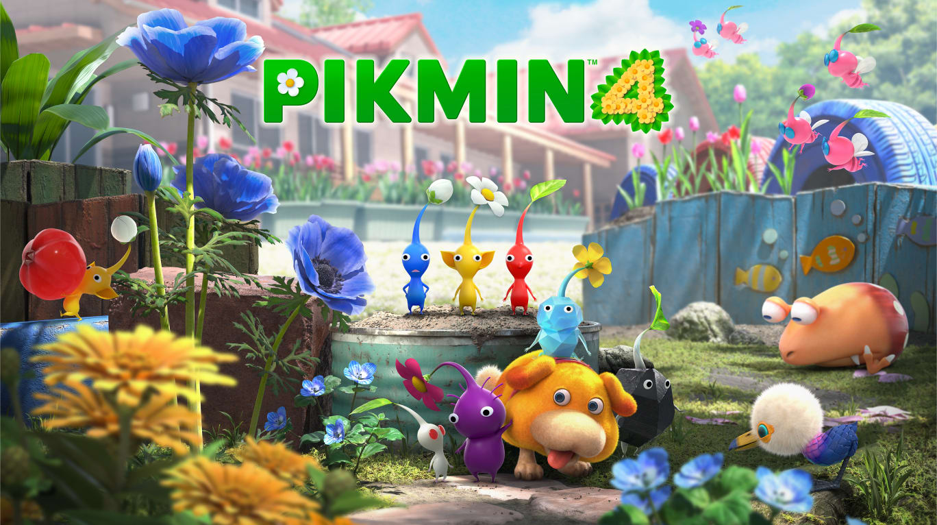 Eight types of Pikmin and Oatchi stand in a scene of what appears to be an Earth-style garden lawn, with a large house in the background. The Pikmin and Oatchi are pint-sized compared to the items surrounding them.