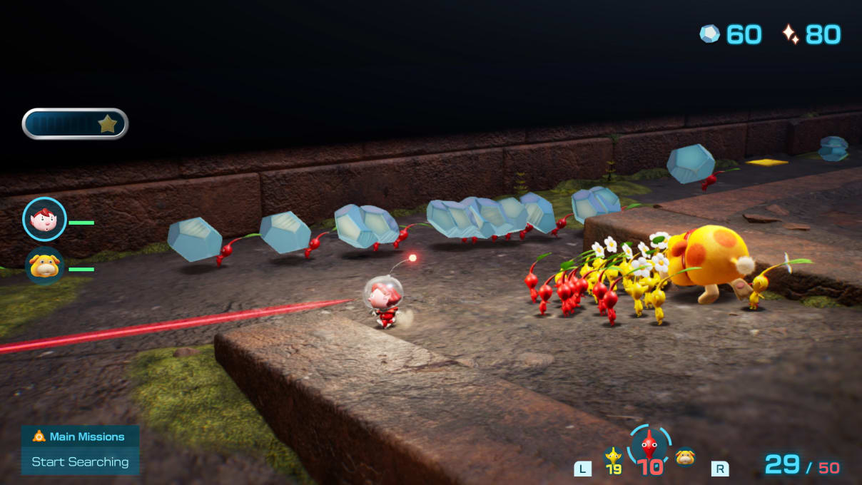 An Explorer commands individual Pikmin to carry resources back to the ship.