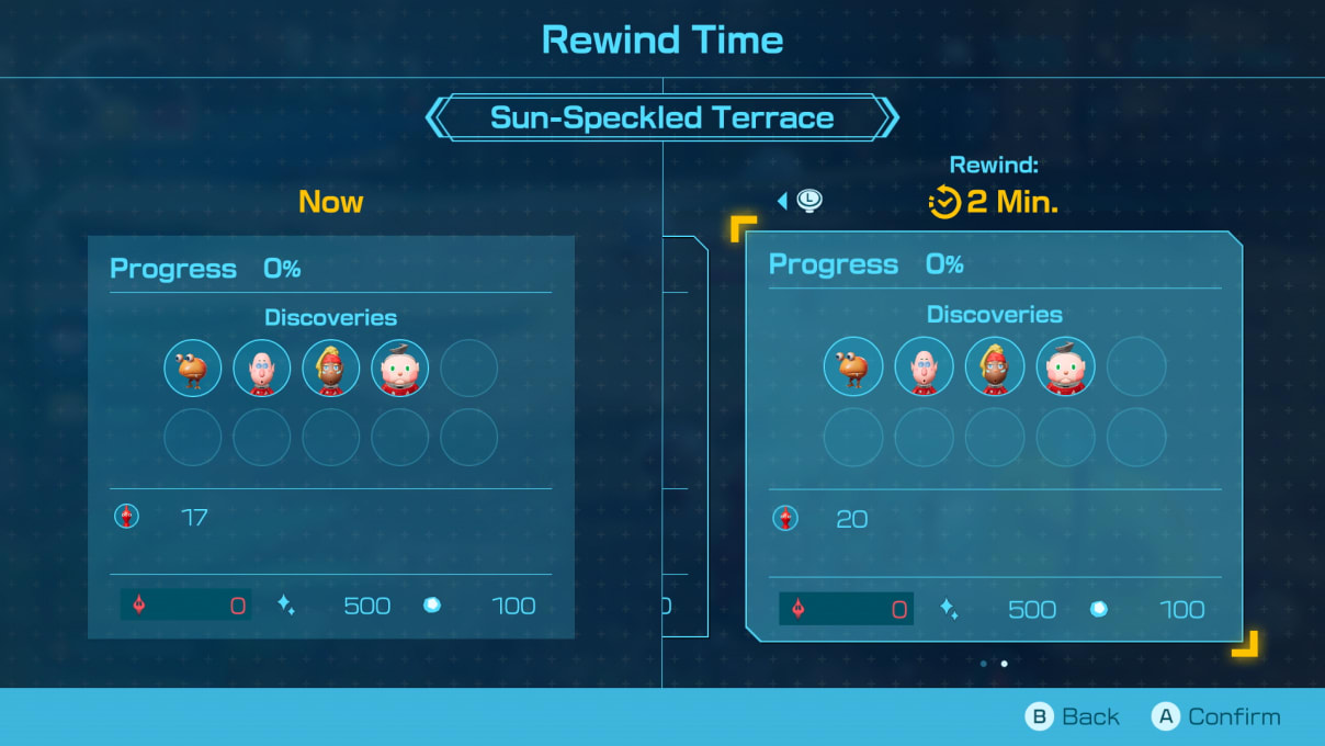The Rewind Time menu includes details like a progress percentage, a list of discoveries, and number of Pikmin available at the time. The current state and a previous state are shown side by side for easy comparison.