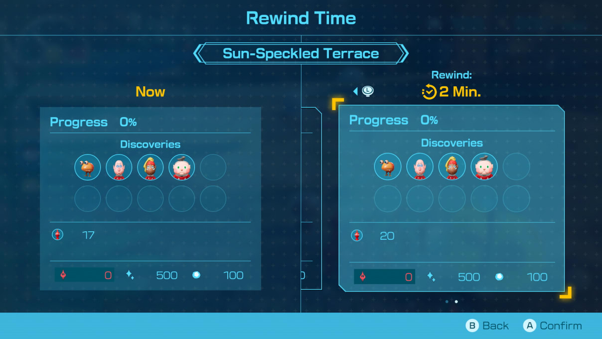 O menu Retroceder no tempo inclui detalhes como uma porcentagem de progresso, uma lista de descobertas e o número de Pikmin disponíveis no momento. O estado atual e um estado anterior são mostrados lado a lado para facilitar a comparação.