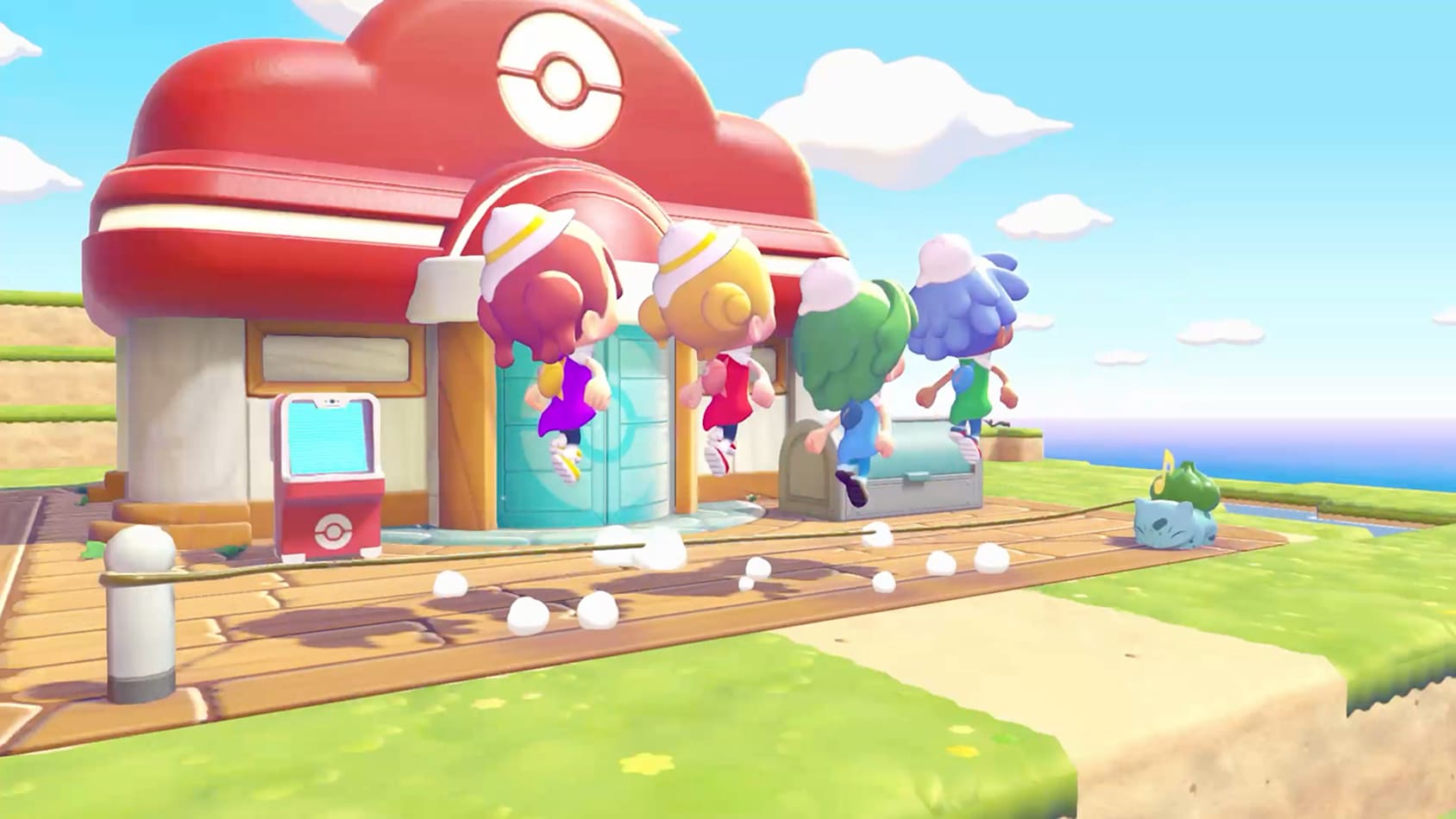 Métamorph préparant à manger avec ses compagnons Pokémon
