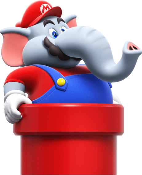 Mario, in Elephant form, jumps up and activates a Wonder Flower, causing everything to change shape and form.