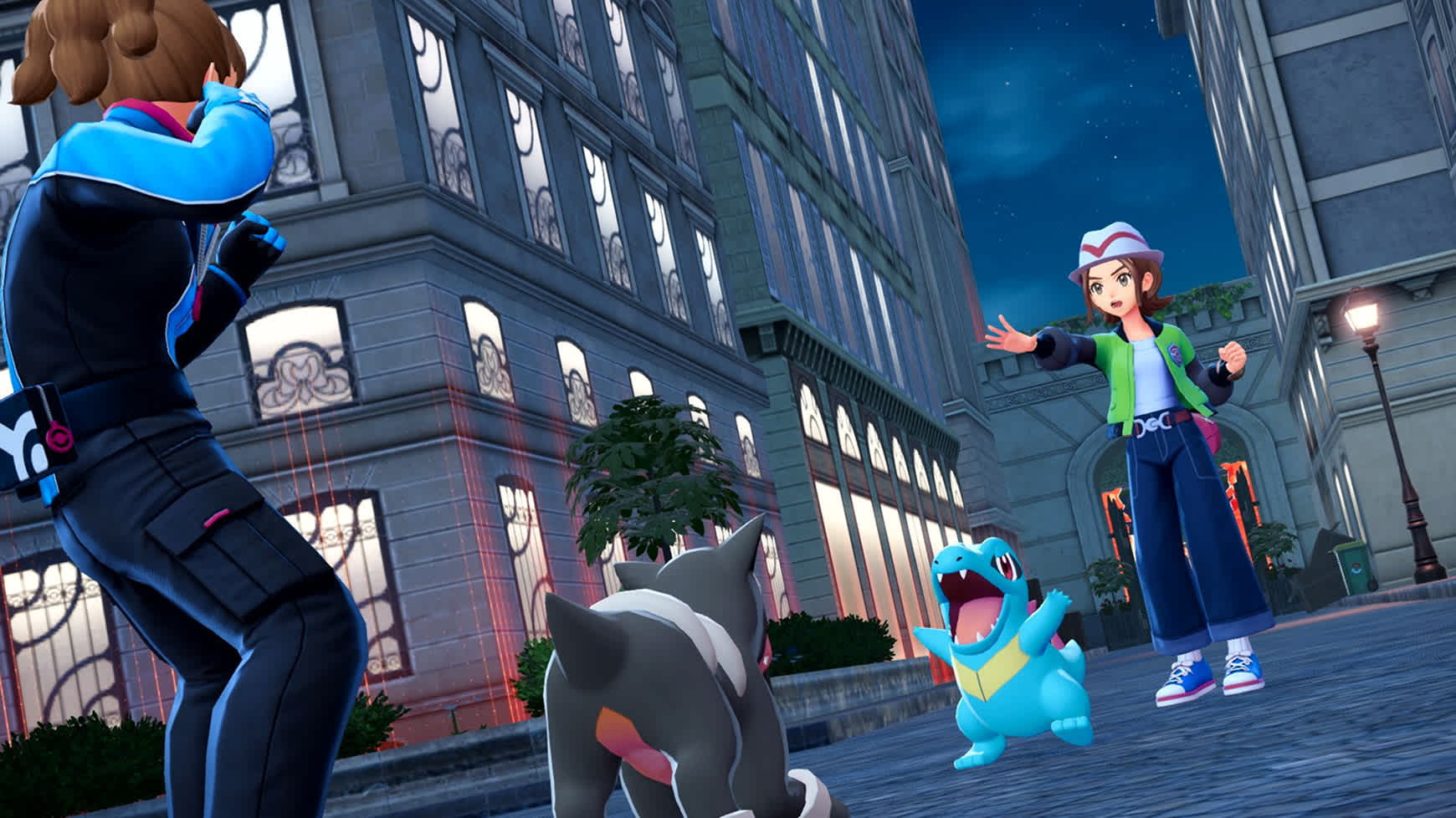 A Z-A Royale battle underway at night in Lumiose City in Pokémon Legends: Z-A.