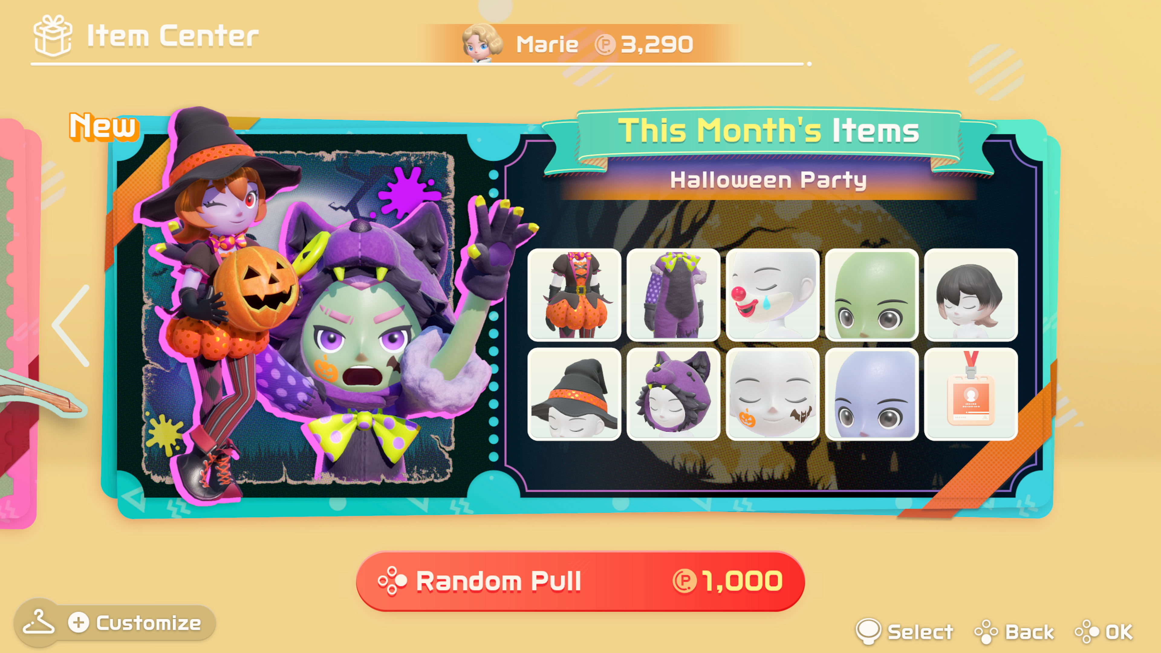 The Item Center sells limited-time cosmetics for Sportsmates and Mii characters, including this month's Halloween set. Image: Nintendo.