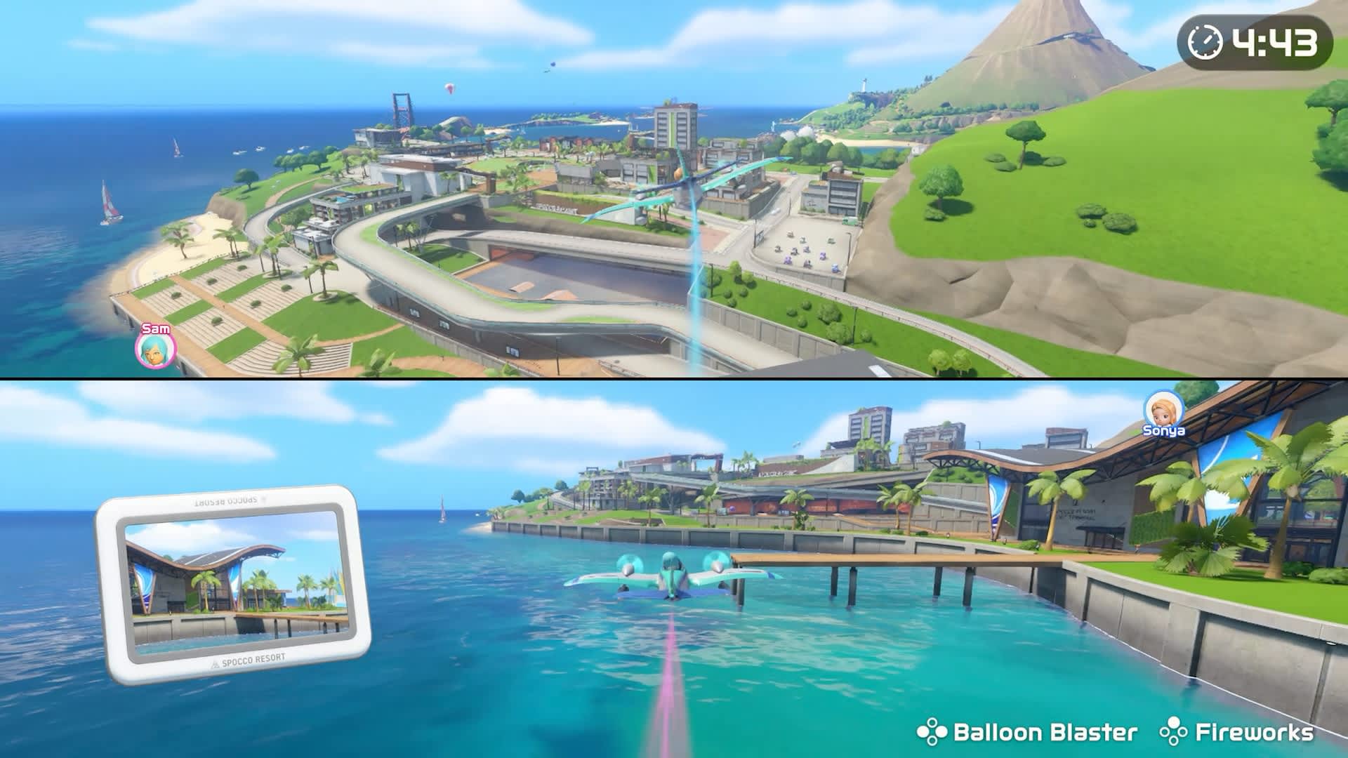 A split-screen Prop Plane race soars over Wuhu Island's rebuilt Spocco Resort hub. Image: Nintendo.