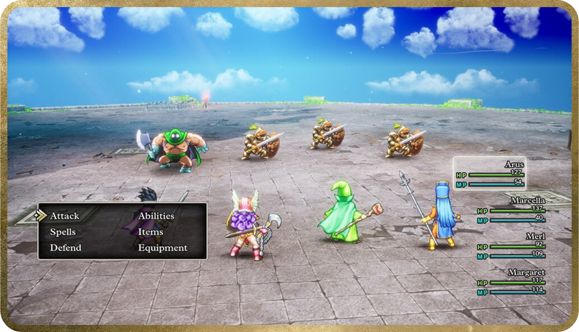 The player’s party of four takes on a group of four enemies in a turn-based battle. The player character awaits their command to be chosen from a classic menu.