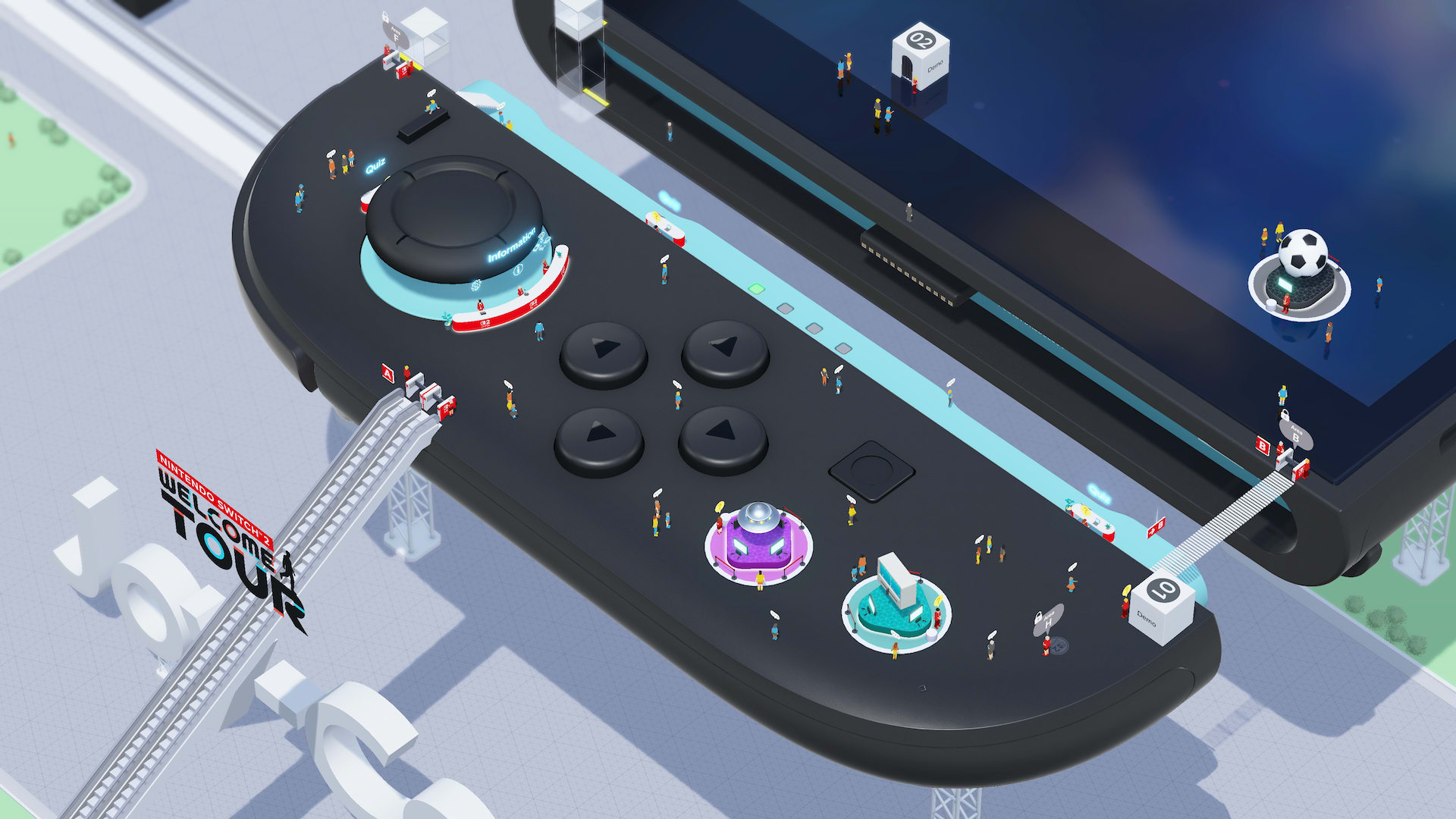 El área de la entrada a un museo interactivo que tiene la forma de un inmenso control Joy-Con 2 izquierdo