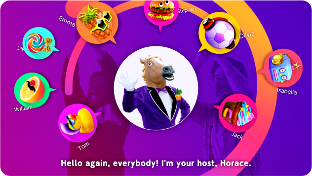 An in-game screenshot where Horace introduces himself to eight in-game player avatars.