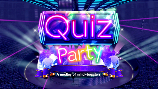 The in-game logo for Quiz Party, with text below that says “A medley of mind-bogglers!”
