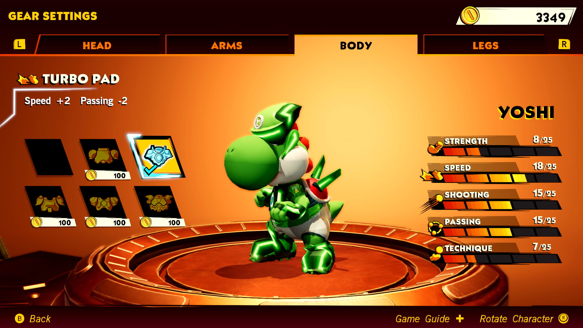 Gear Customization Option Screen featuring Yoshi