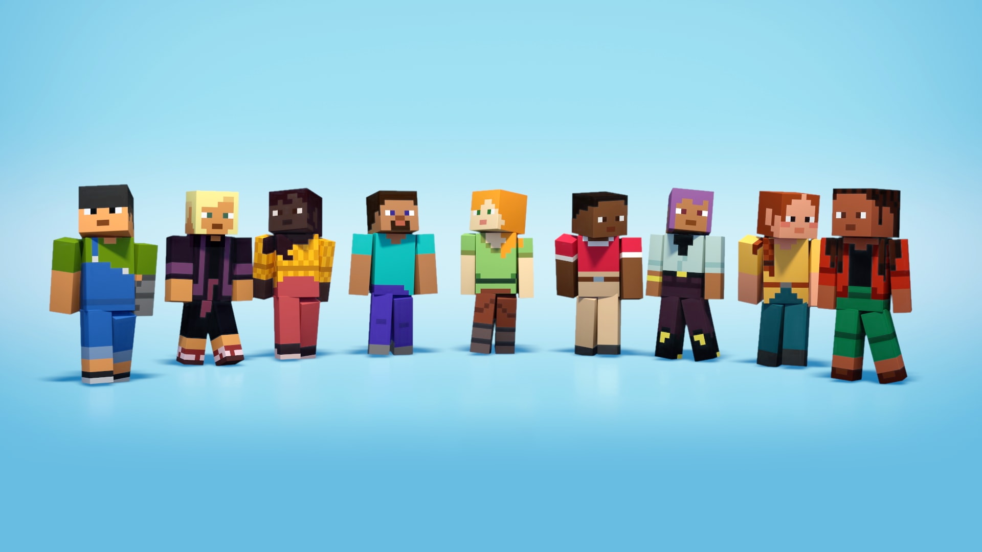 Nine player characters stand in a line. Their clothing, skin tones, hair color, and hair styles are all different.
