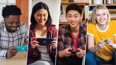 Four friends in different locations play together on their own Nintendo Switch systems.