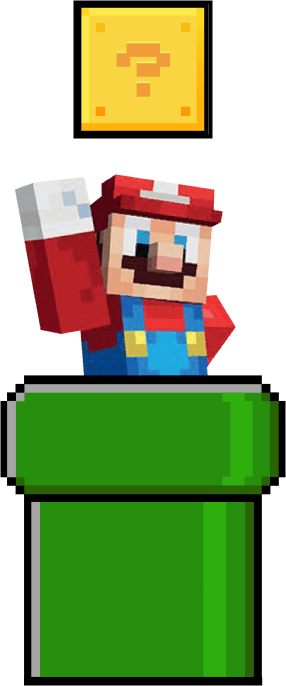 Mario in Minecraft style emerges from a Warp Pipe, reaching up to hit a Question Block.