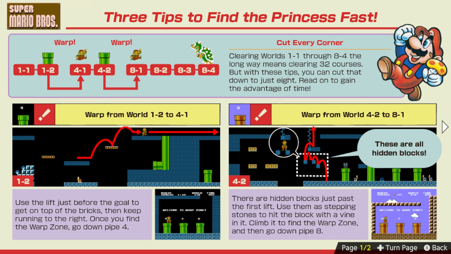 Classified Information page showing the player how to find Warp Zones in Super Mario Bros.