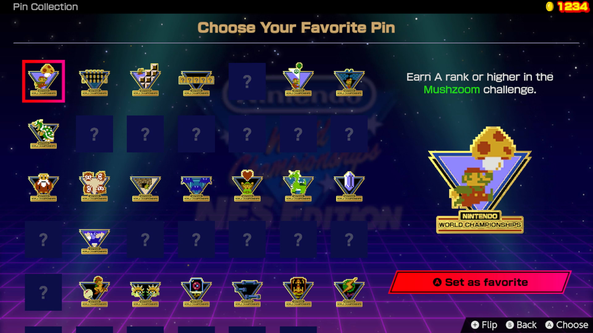 A menu shows available and unavailable in-game pins. The selected pin was awarded by earning an A rank or higher in the Mushzoom challenge.