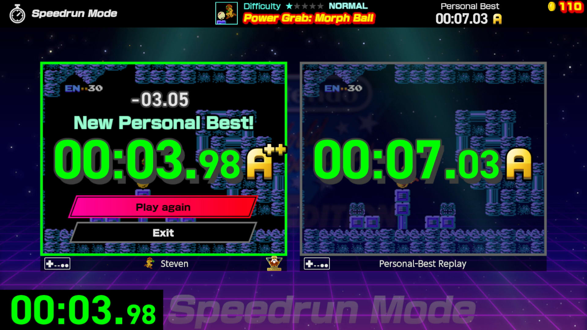 A player sets a new personal best in a Metroid challenge, beating their old record by 3 seconds.