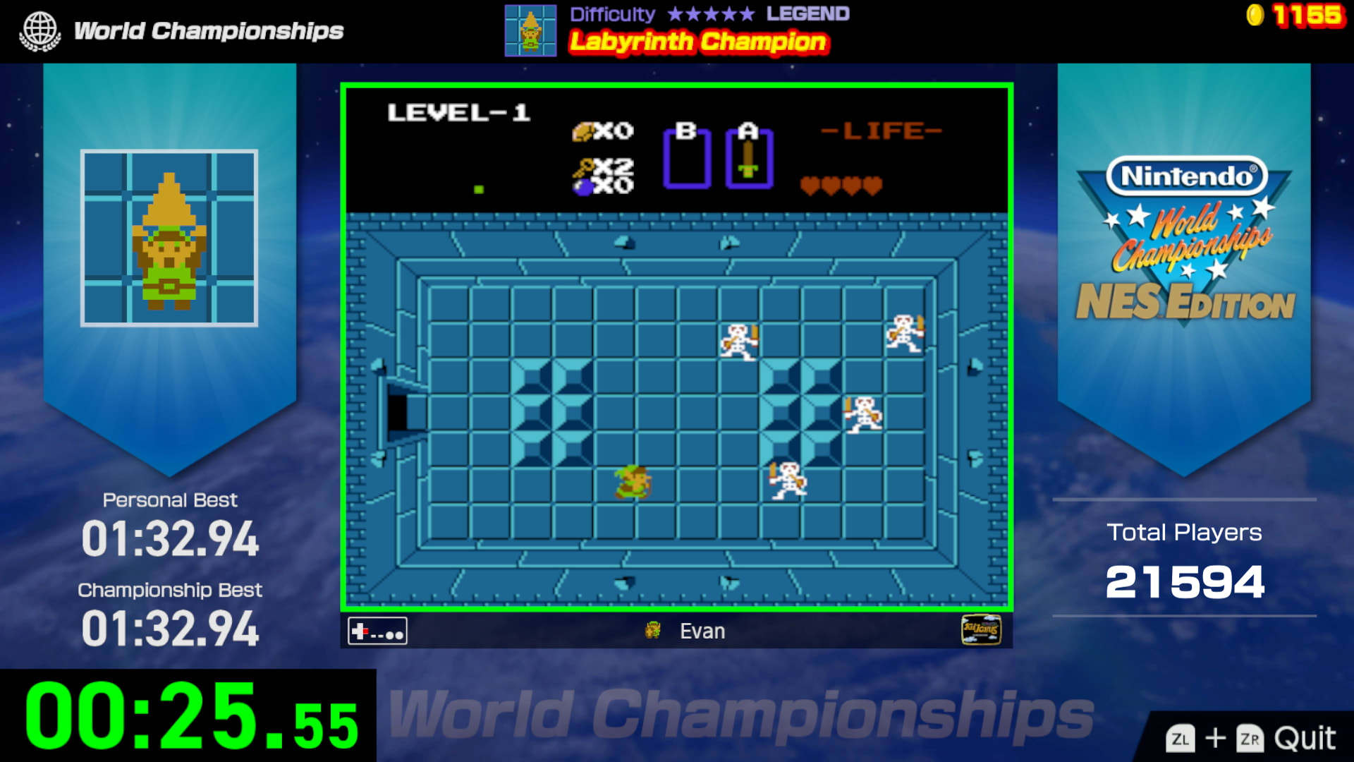 A player competes in an online challenge for the Legend of Zelda. The player’s current time, their personal best time, the championship best time, and total player count are displayed on the sides.