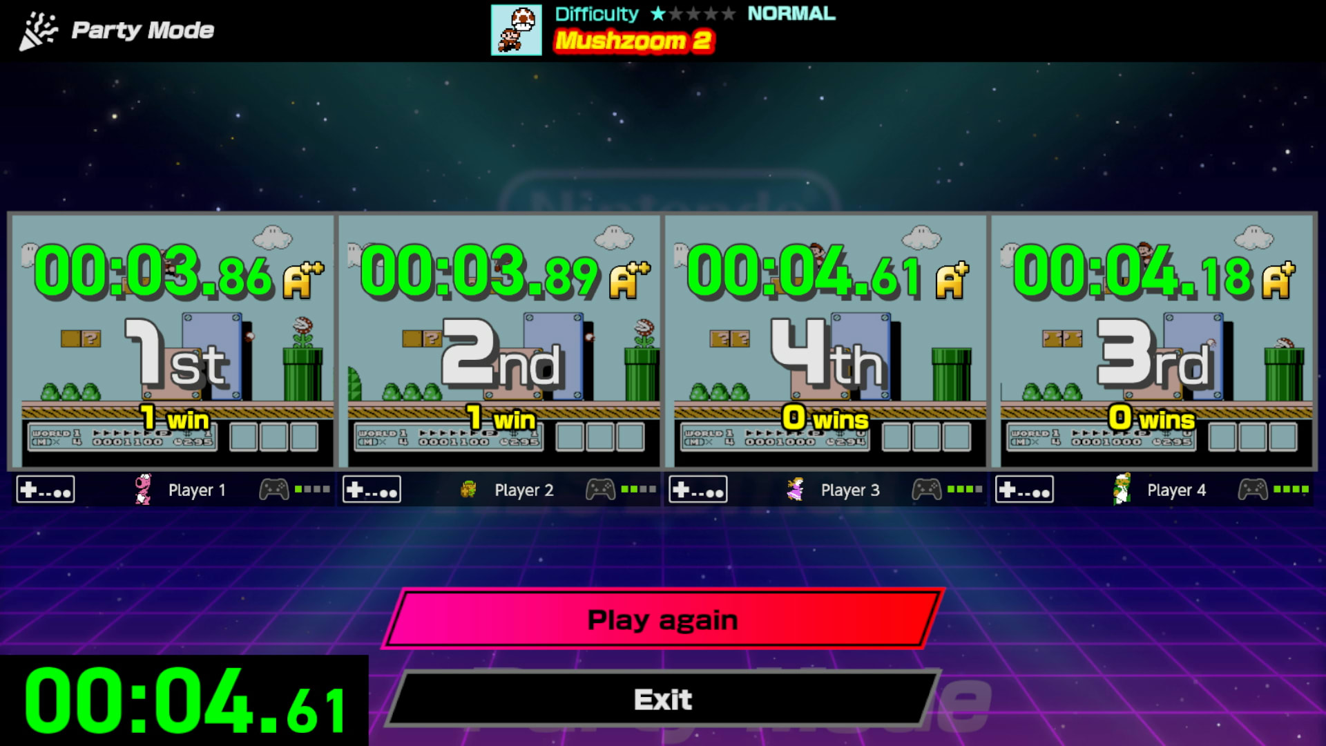 Four players***    compete at the same time. Each player has their own portion of the screen. At the end of the challenge, the player’s ranking, time, and letter rating are shown for each player.